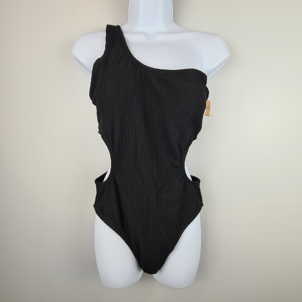PINK Victoria's Secret‎ One Shoulder Black Cutout Sides Ribbed Swimsuit Large